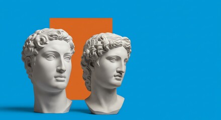 Two Stone Busts on Colorful Geometric Background Art Concept