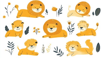 Fototapeta premium Adorable lion cubs and adults in savanna; nature illustration for kids' books