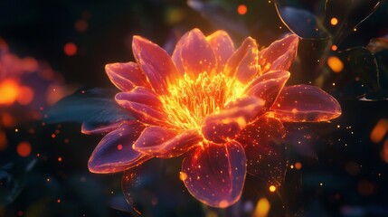 Glowing Red Flower with Orange Sparkles in Dark Background