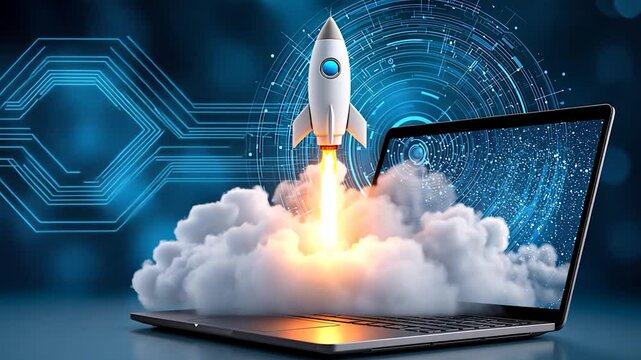 Rocket launches from laptop; futuristic digital design elements surround it