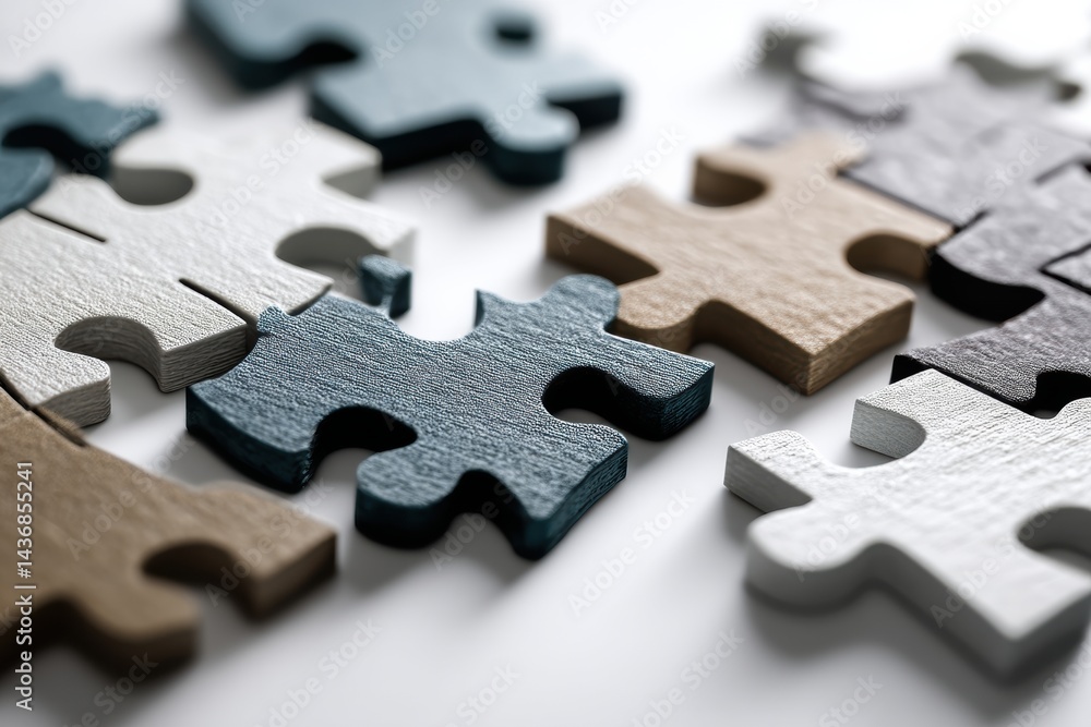 Poster puzzle pieces unite to symbolize collaboration and teamwork in a minimalist design amid a neutral ba