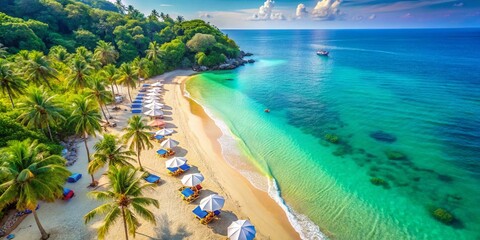 Obraz premium Aerial View: Tropical Beach Paradise, Sun Loungers & Summer Essentials