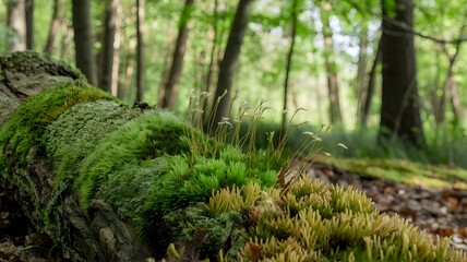 Fototapeta premium Close-up of moss-covered log in a forest, with soft focus background