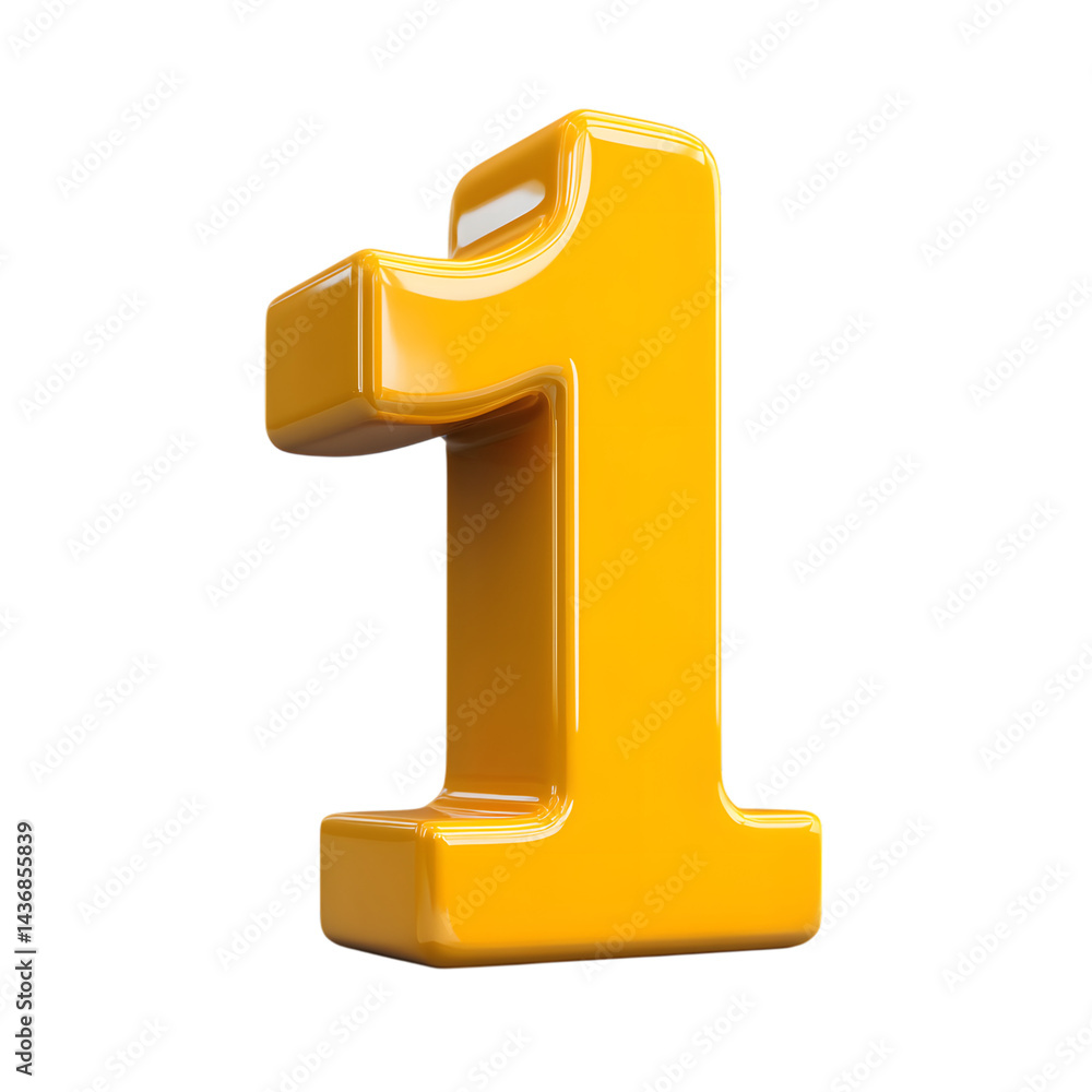Aufkleber isolated glossy yellow three dimensional number one against a plain backdrop on transparent backgrou