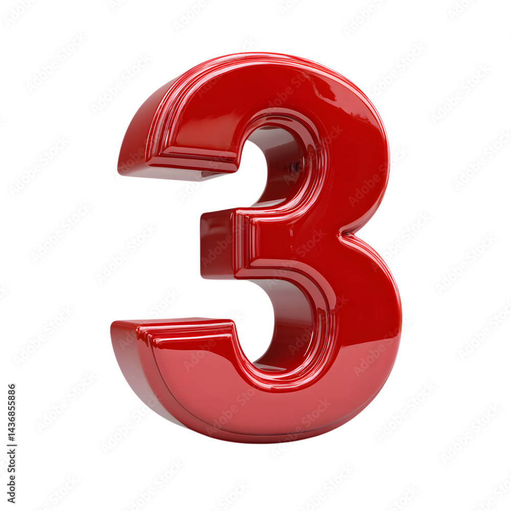 Aufkleber a shiny and reflective red number three isolated against a plain backdrop on transparent background
