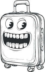 Black and white cartoon illustration of a wheeled suitcase with a funny smiling face and large eyes
