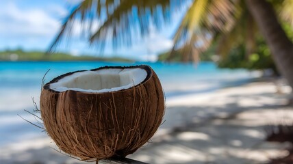 A sliced coconut shell on a sandy beach overlooking turquoise ocean waves