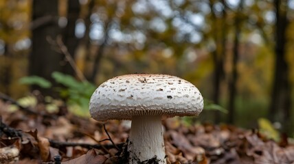 Close-up of a single mushroom, captured in a forest setting with autumn leaves on the ground