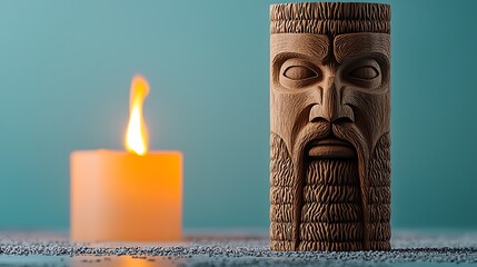 Wooden tiki statue beside a lit candle on a textured surface with soft background lighting