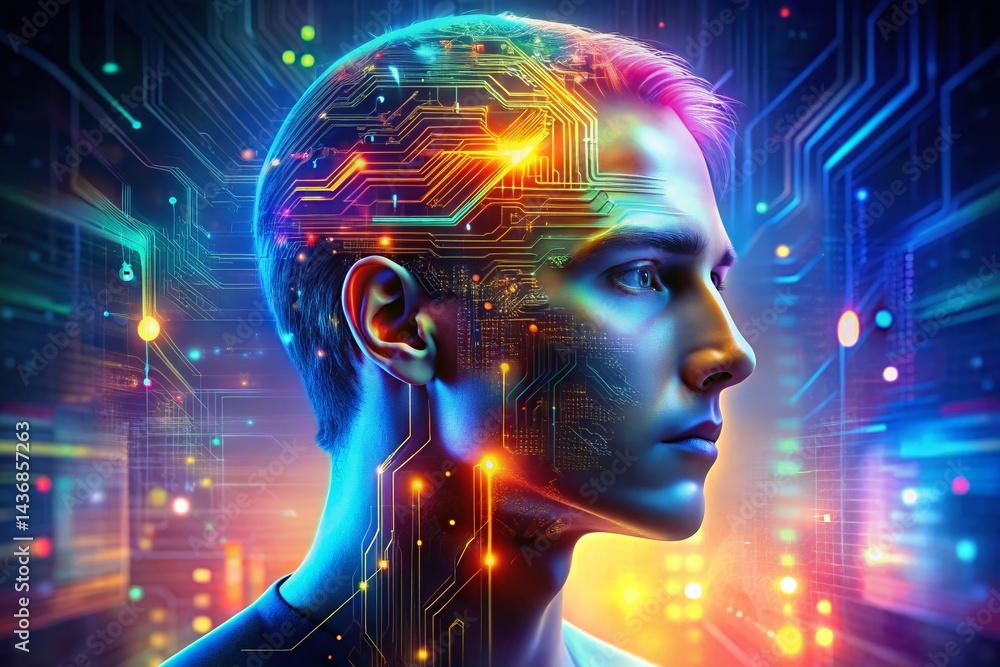 Poster ai brain: futuristic double exposure of human head & microcircuit on computer background