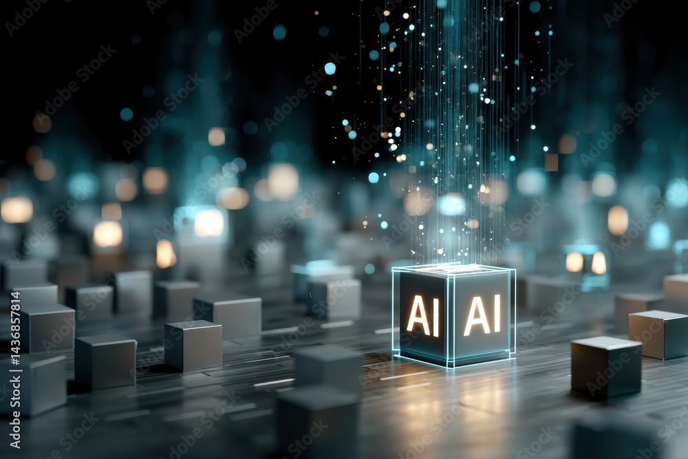 Poster Floating Hologram of AI Logo Illuminated by a Digital Cube Background Creating a Futuristic Atmosphere in a Tech-Inspired Environment