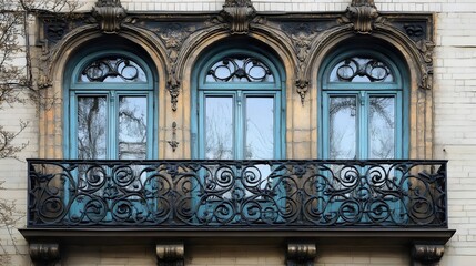 Elegant arched windows with intricate ironwork adorn an aged building's weathered facade beautifully.