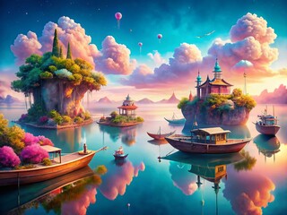 Obraz premium Anime Boats Calm Water Surreal Seascape - Fantasy Art Illustration