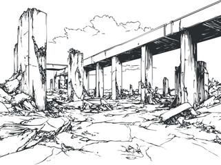 Black and white sketch of a destroyed landscape with broken bridge and ruined concrete columns in a postapocalyptic setting.