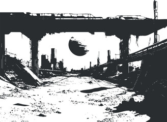 Fototapeta premium Postapocalyptic ruined cityscape with broken bridge and empty road under dark sky.