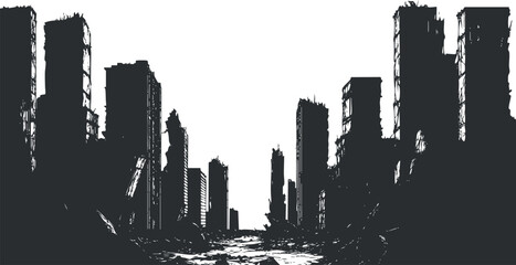 Silhouette of destroyed cityscape with ruined buildings and debris in urban apocalypse setting © vadymstock