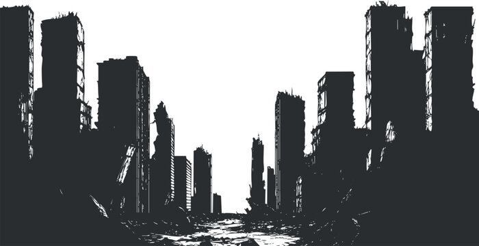 Silhouette of destroyed cityscape with ruined buildings and debris in urban apocalypse setting
