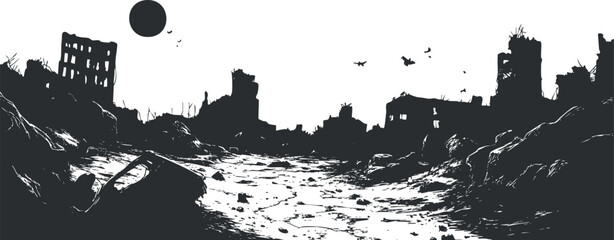 Obraz premium Black and white silhouette of a desolate postapocalyptic urban landscape with ruined buildings and debris