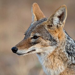 Fototapeta premium 夕暮れ時、サバンナでジャッカルの横顔を捉えた一瞬。静かな野性と鋭い目つきが表現された美しい構図。