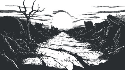 Postapocalyptic landscape with cracked road and ruins under a setting sun in a desolate environment