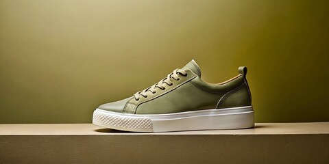 Autumnal Khaki Sneakers on Minimalist Podium - Stylish Fall Footwear