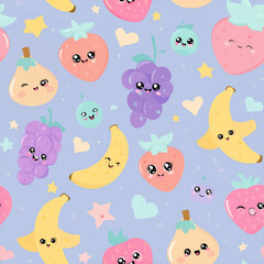 Kawaii Cute Fruit Pattern with Pastel Colors and Happy Faces