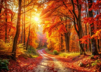 Autumn Forest Trail: Sunlit Path Through Golden Leaves - Stock Photo