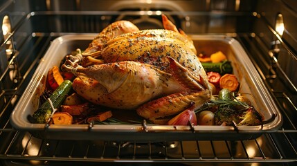 Naklejka premium A golden-brown turkey roasting in an oven