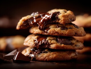 A delicious stack of chocolate chip cookies, oozing gooey chocolate and enticing the viewer.