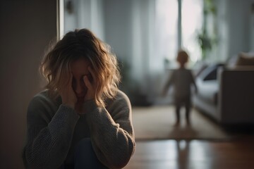Overwhelmed: A woman in distress, her hands covering her face in a moment of profound sorrow, while a child plays in the background, highlighting the contrast between pain and innocence.