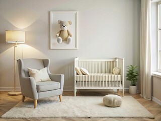 Baby Room Interior: White Crib, Soft Carpet, Cozy Chair & Nursery Decor