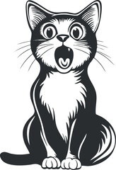 Black and white cartoon illustration of a surprised sitting cat with wide eyes and open mouth.
