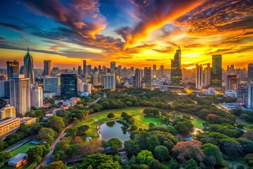 Bangkok Sunset Skyline: Sukhumvit, Pathum Wan & Lumphini Park Aerial View