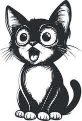 Black and white cartoon illustration of a cute playful kitten with big eyes and happy expression.