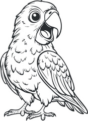 Black and white cartoon illustration of a happy parrot with open beak and detailed feathers