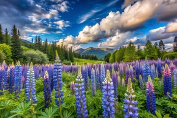 Blooming Silvery Lupine Wildflower Meadow, Cloudy Sky Landscape
