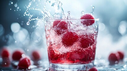 Red Raspberries Splashing in a Glass of Sparkling Water