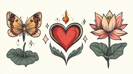 Butterfly, heart, lotus flower tattoo designs; spiritual, nature theme; design element