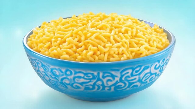 Bowl of cooked yellow noodles presented in a decorative blue patterned bowl for food concepts
