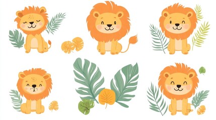 Fototapeta premium Cute lion cubs jungle leaves tropical illustration, kids design