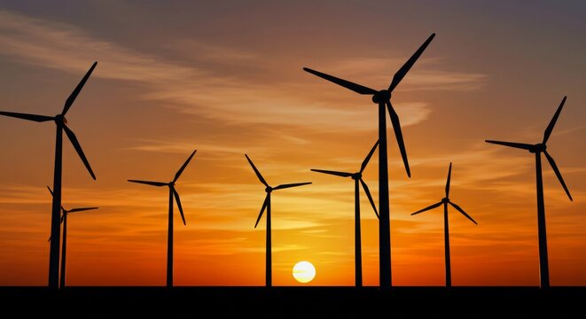 Siluetas de aerogeneradores al atardecer, energ&iacute;a e&oacute;lica