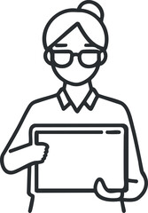 Line art illustration of a woman wearing glasses holding a digital tablet in a professional setting