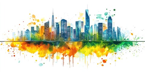 Obraz premium Vibrant City Skyline Watercolor Painting with Colorful Splashes