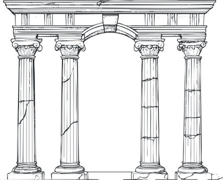 Detailed black and white illustration of four classical ancient columns with an arch and decorative capitals