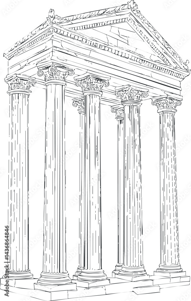 Poster illustration of an ancient classical temple with corinthian columns and detailed architectural eleme