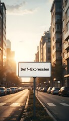 Urban Street Scene at Sunrise – "Self-Expression" Sign in Golden Light