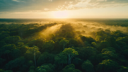 Aerial View of Amazon Rainforest at Sunset:  A breathtaking aerial perspective captures the vibrant green canopy of the Amazon rainforest.