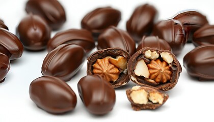 Assorted Chocolate Covered Nuts Isolated on White Screen Background with Smooth Brown Chocolate and Textured Nuts Studio Shot Perfect for Ads Promotions and Culinary Designs