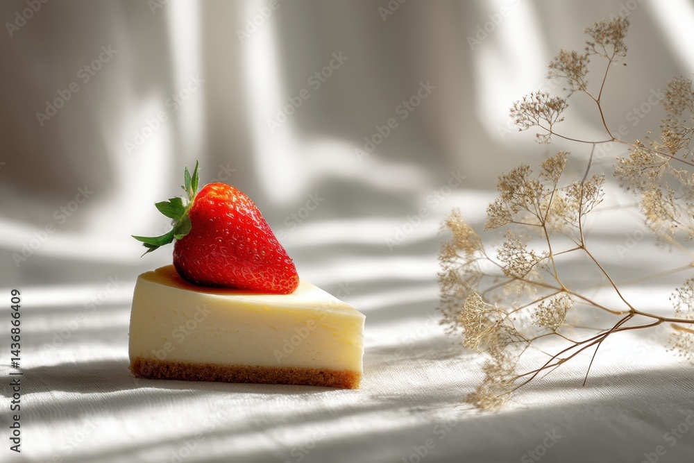 Poster Minimal Cheesecake Slice Topped With Fresh Strawberry on Soft White Background With Gentle Shadows