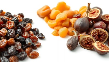 Black Raisins with Amber Dried Apricots and Sliced Figs Isolated on White Screen Background for Clean Dieting Healthy Eating and Snack Promotion Perfect for Ads Realistic Studio Object